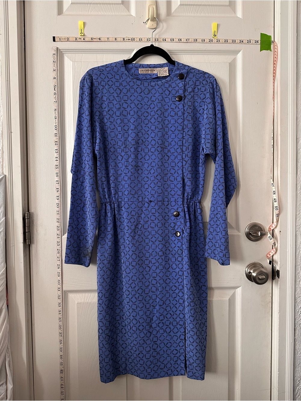 Liz Claiborne Blue Long-Sleeve Geometric Dress with Button Details
